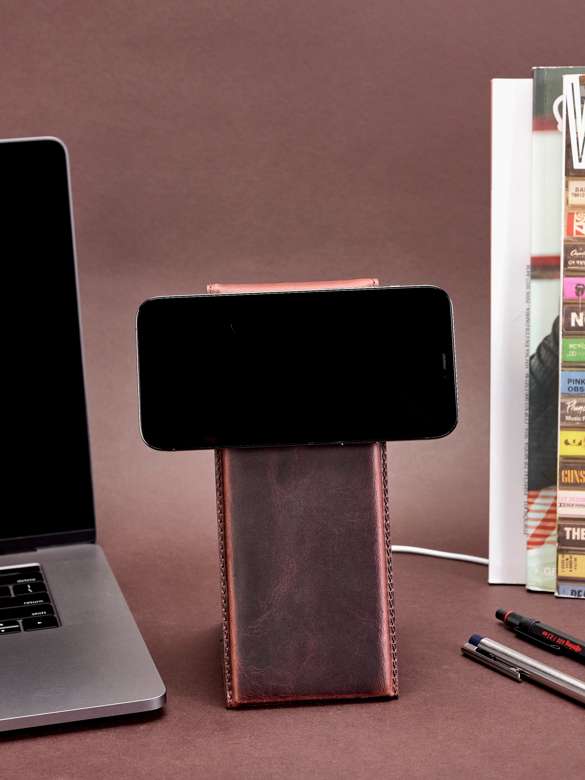 iPhone 12 Pro. MagSafe iPhone Holder Stand Distressed Cognac by Capra Leather