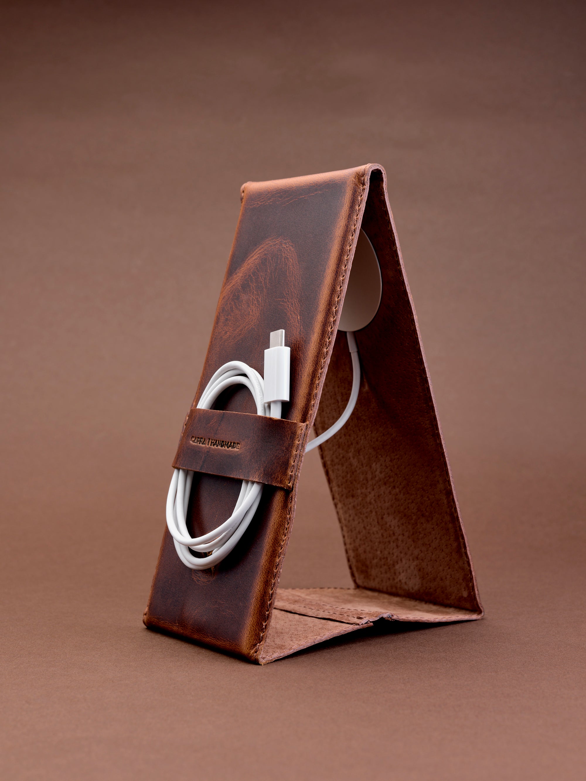 Charging docking station. MagSafe iPhone Holder Stand Distressed Tan by Capra Leather