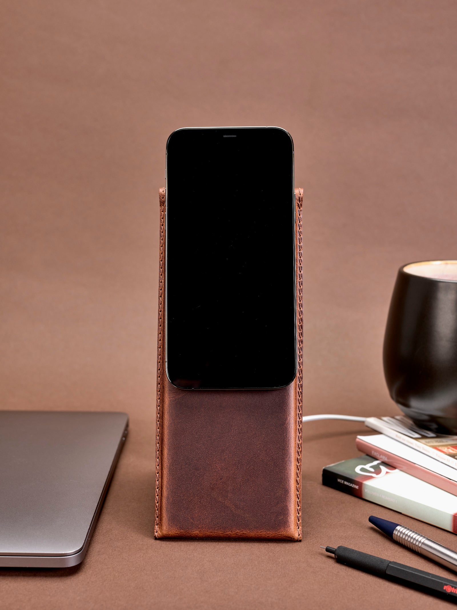 iPhone 12 Pro. MagSafe iPhone Holder Stand Distressed Tan by Capra Leather
