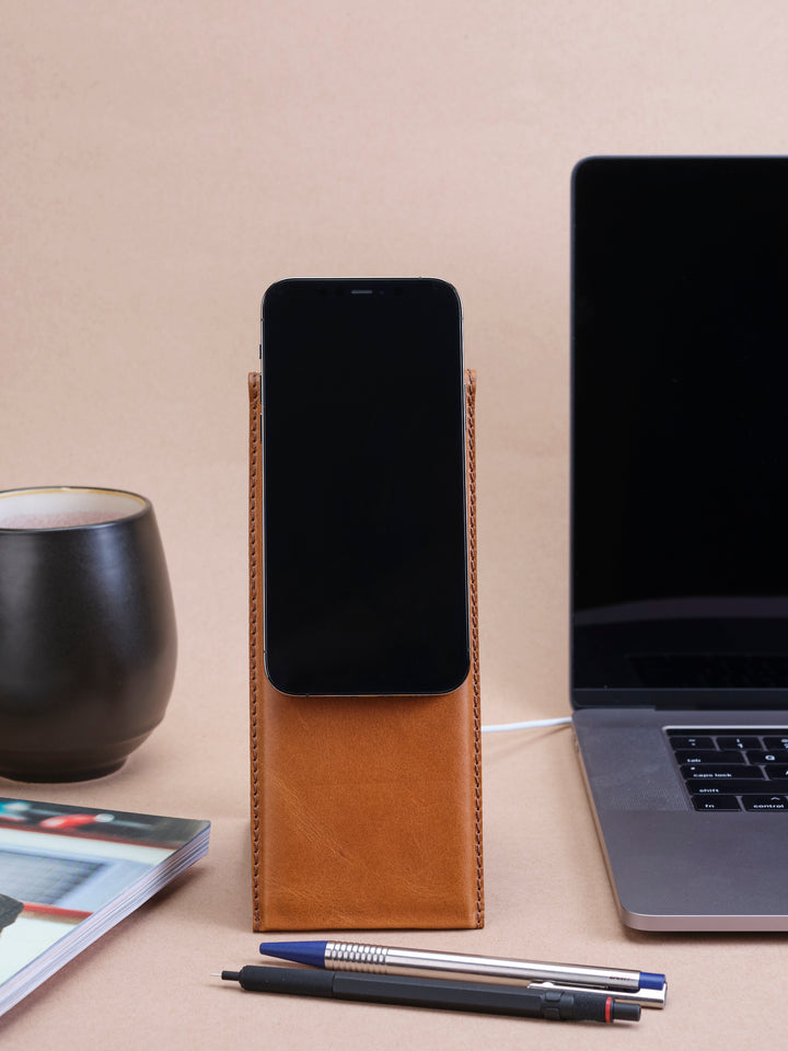 iPhone 12 Pro. MagSafe iPhone Holder Stand Tan by Capra Leather