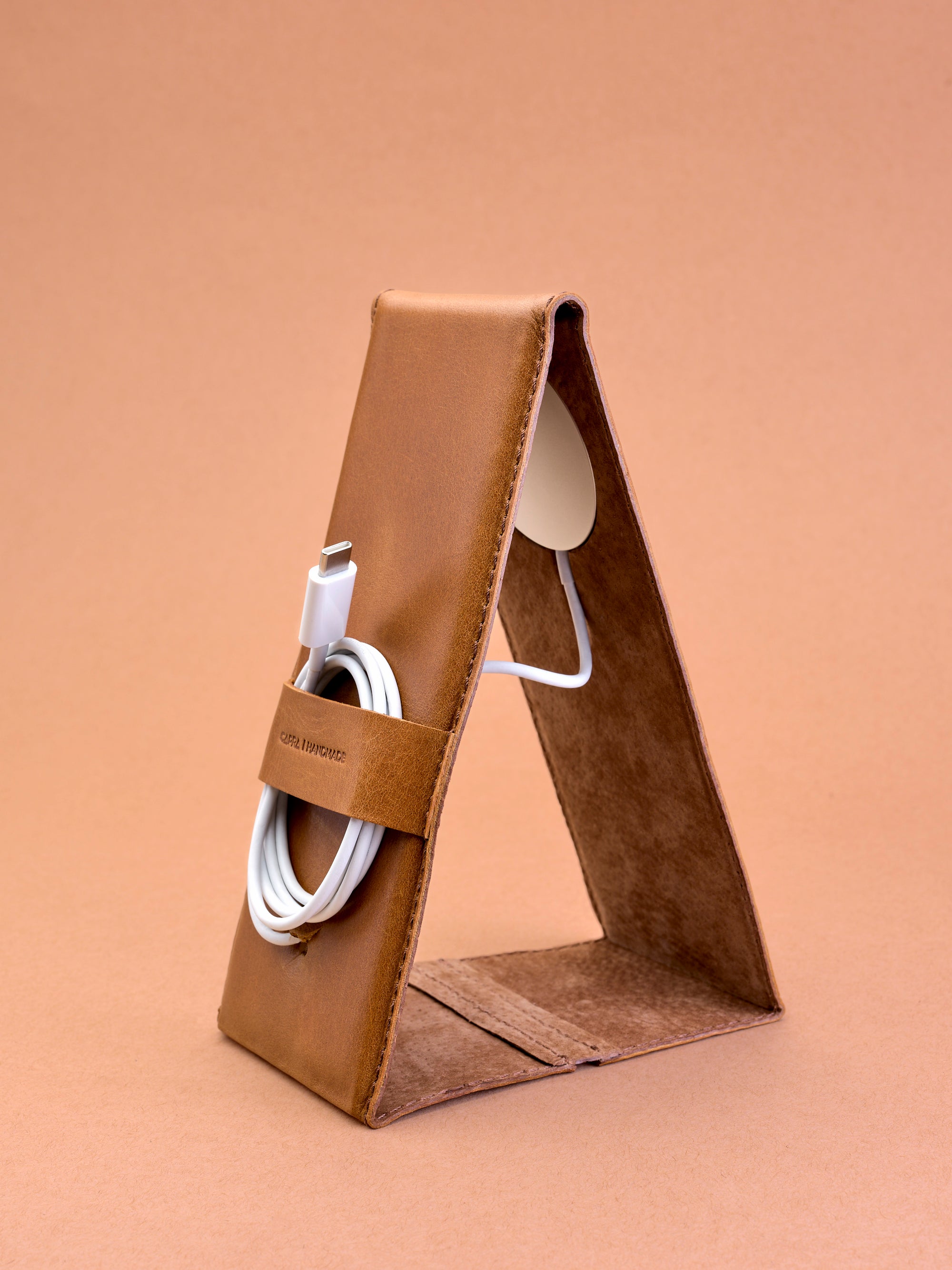 Foldable. MagSafe iPhone Holder Stand Tan by Capra Leather