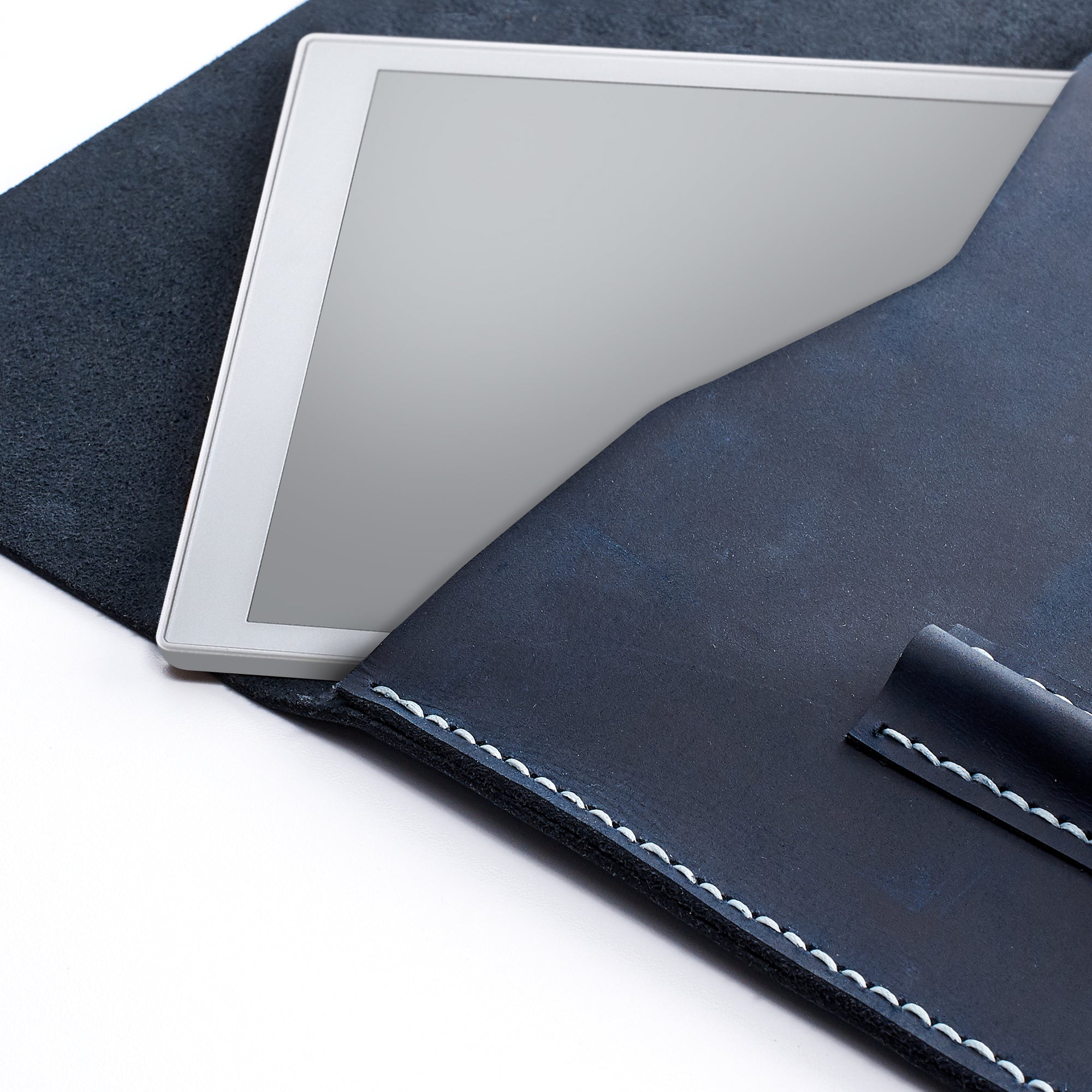 Stitching detail. Blue handcrafted leather reMarkable tablet case. Folio with Marker holder