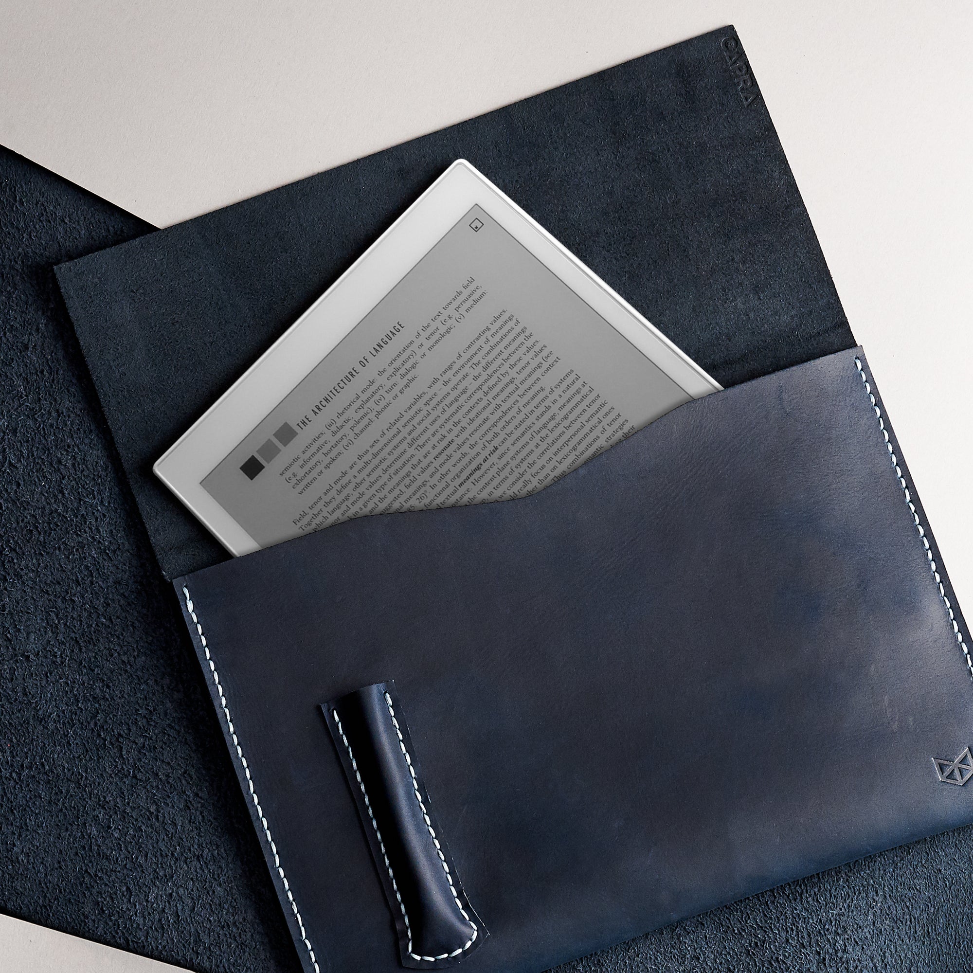 Soft interior. Blue handcrafted leather reMarkable tablet case. Folio with Marker holder
