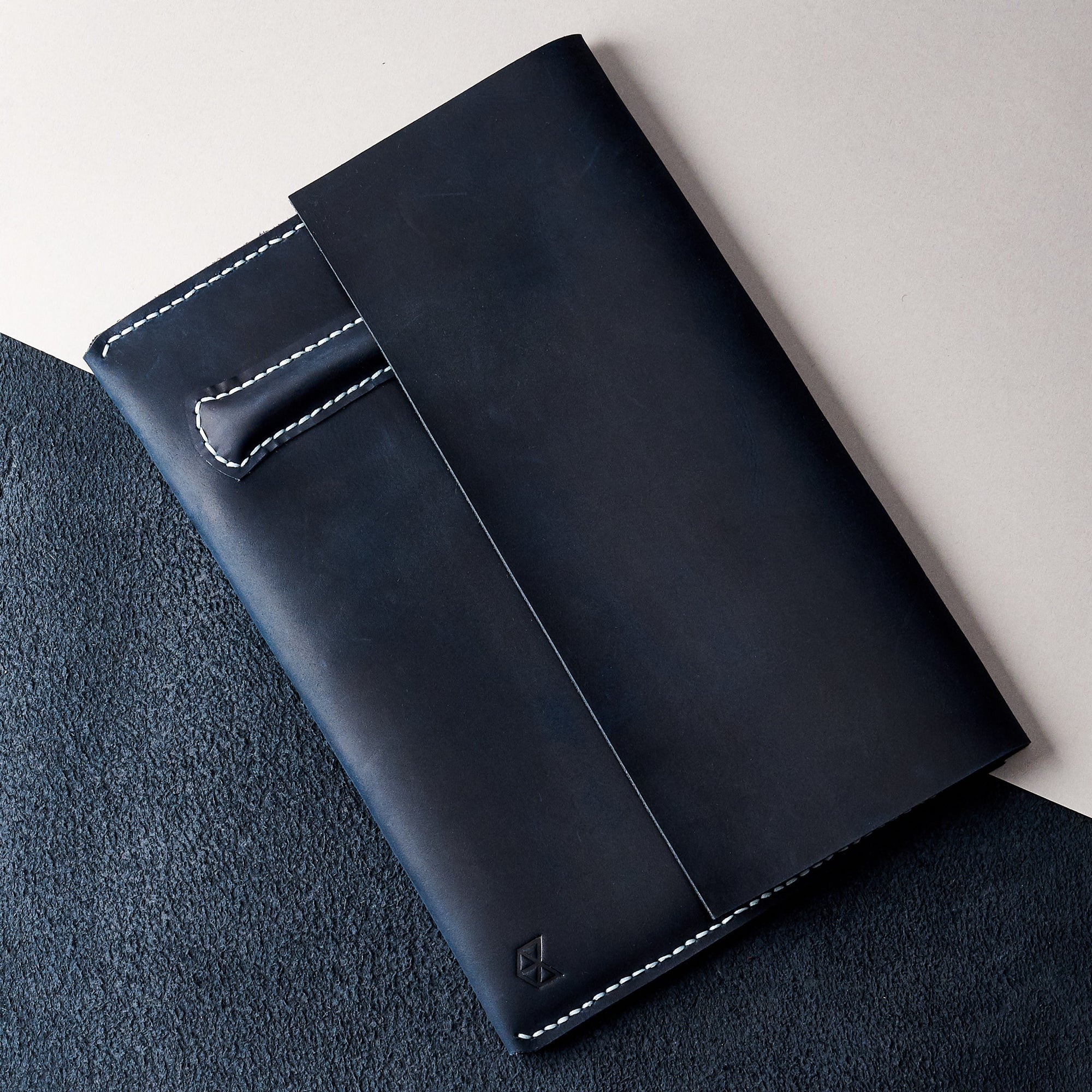 Style. Blue handcrafted leather reMarkable tablet case. Folio with Marker holder